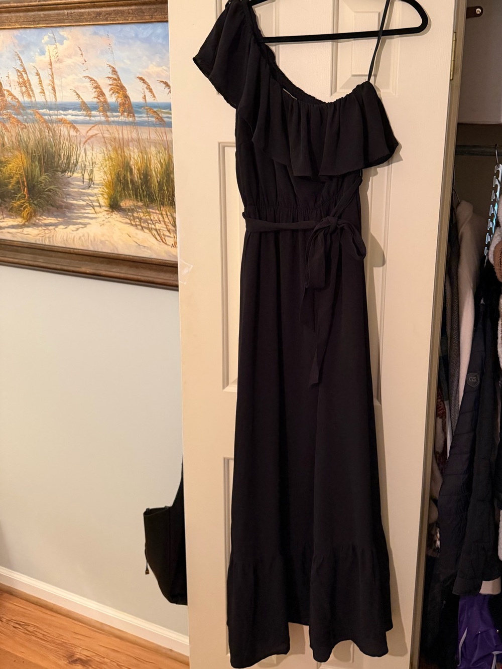 One-Shoulder Black Ruffle Maxi Dress with Self-Tie Waist